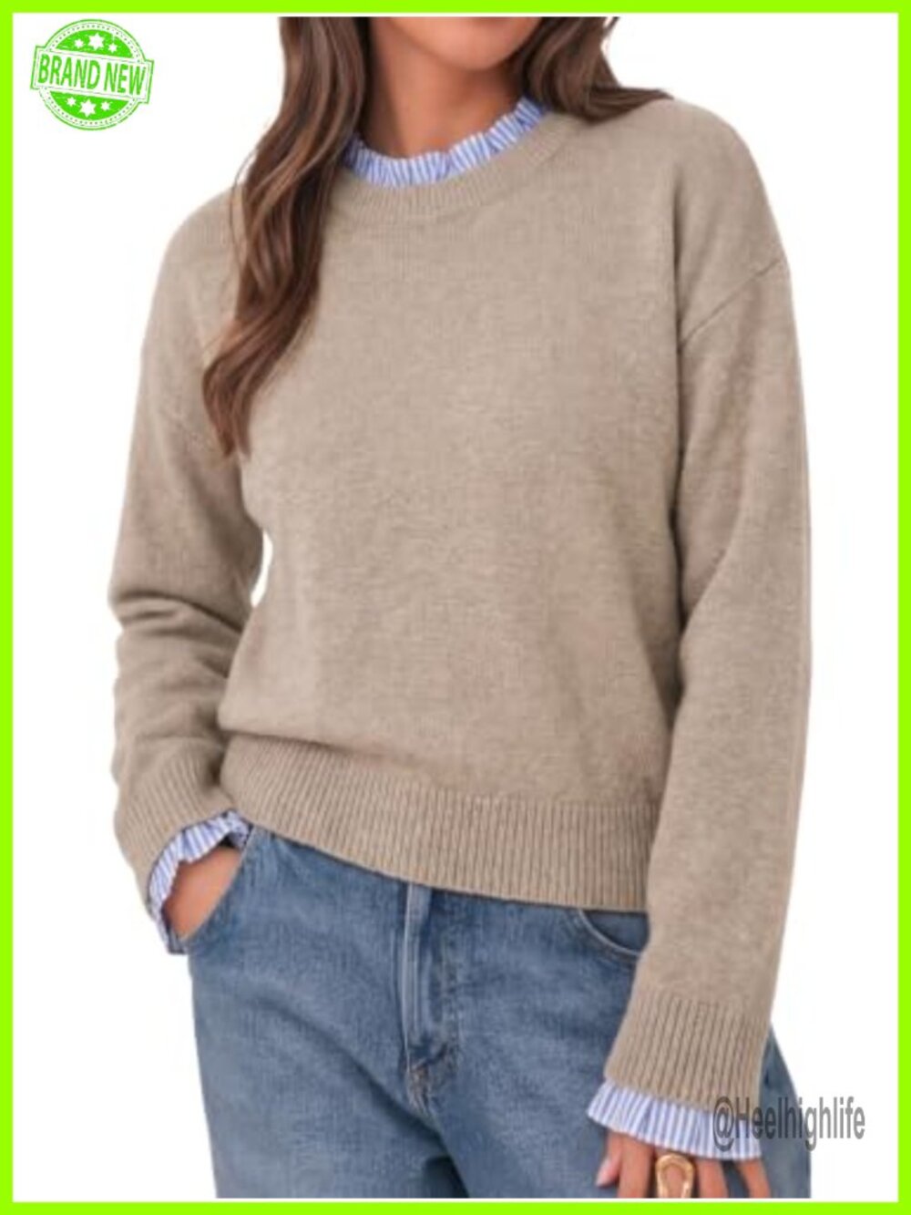 Women's Long Sleeve Ruffle Crew Neck Patchwork Knit Pullover Sweater
